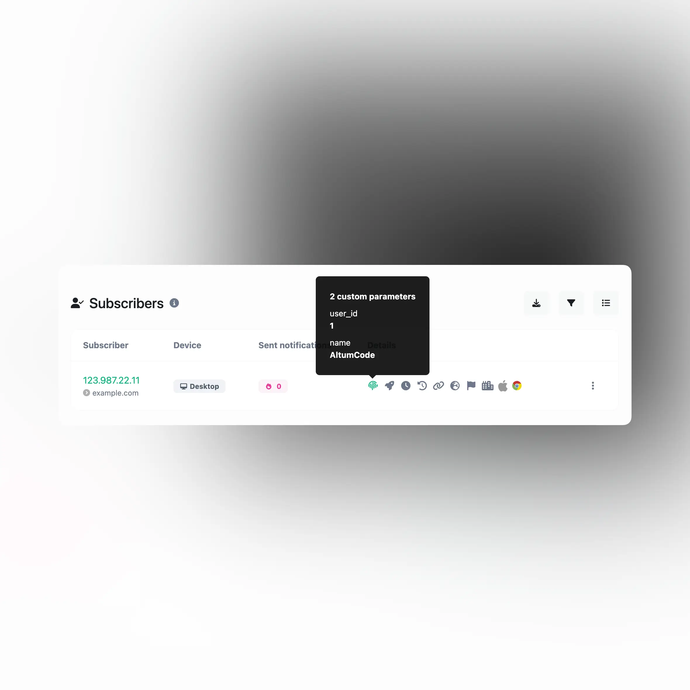 Screenshot der benutzerdefinierten Parameterverfolgungsfunktion für App-Abonnenten